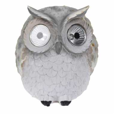Solar/led lamp tuinbeeldje uil grijs kopen