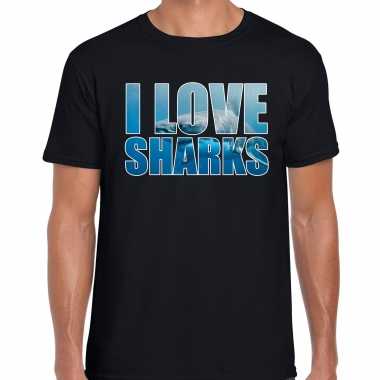 Tekst t shirt i love sharks dieren foto een haai zwart heren beeldje kopen