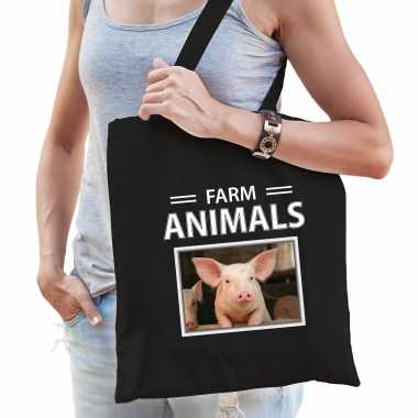 Varken tasje zwart volwassenen kinderen farm animals kado boodschappen tas beeldje kopen