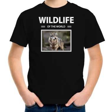 Wolf t shirt dieren foto wildlife of the world zwart kinderen beeldje kopen